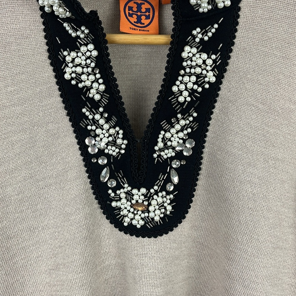 Tory Burch beige embellished v-neck sweater - Picture 3 of 5